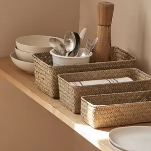 Handmade Seagrass Bamboo Storage Basket, Rectangular Natural Rustic Home Organizer, Eco-Friendly Decorative Container