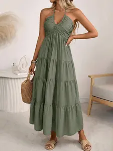 Summer Vacation Style Bohemian Casual Halter Neck V-Neck Tiered Cake Dress for Women, Ruched Waist Sleeveless Backless Beach Dress, Elegant Long Skirt, Womenswear