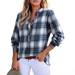 Women's Loose Plaid Shirt 2026 New V-Neck Plaid Shirt Fashion Casual Shirt Button Up