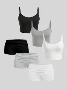 Women's Casual Solid Color Basic Fitted Lightweight Halter Top and Shorts Set, All Seasons Beach Style, Comfortable Homewear for Spring Summer Fall