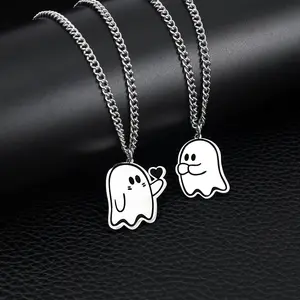 Creative Personalized Stainless Steel Halloween New Cute Heart Ghost Pendant Couple Necklace Men and Women Jewelry