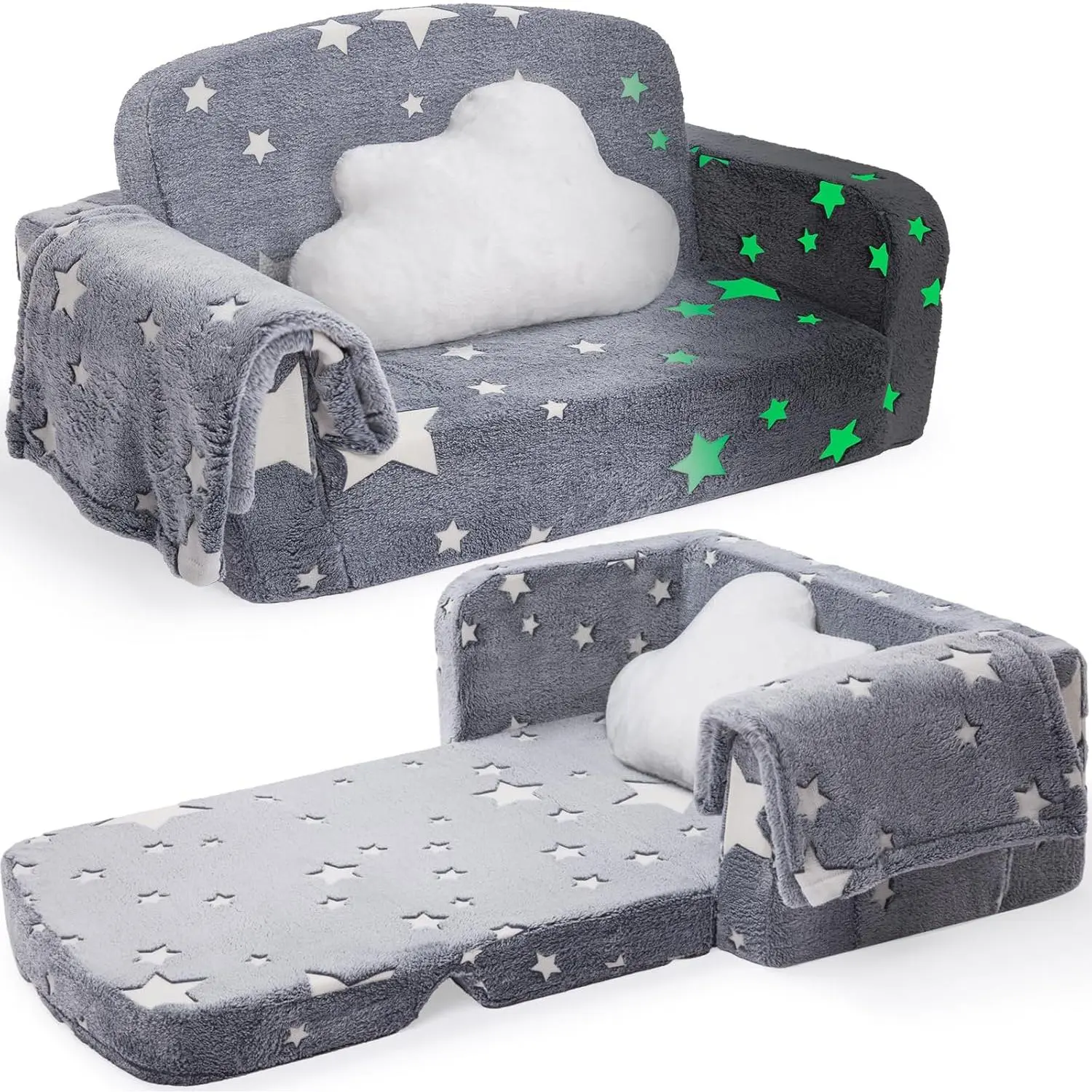 Extra Wide Foldable Indoor Furniture - 2-in-1 Soft Convertible Lounger Chair with Blanket, Glow-in-the-Dark Star Design, Comfy Cloud Pillow