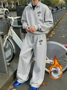 Unisex Stand Collar Zipper Sweatshirt + Straight Leg Pants Set, Fitted Fall & Winter Fleece, Casual Home Daily Wear, Graphic Pattern