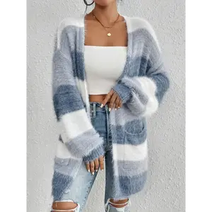 [cashmere sweater] Color-Blocked Drop-Shoulder Off-Shoulder Fluffy Cardigan