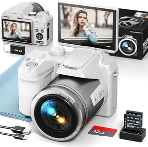 4K Digital Camera 64MP  for Photography, Vlogging Cameras for YouTube with 3” Flip Screen,16X Digital Zoom, WiFi& Autofocus,2 Batteries, 32GB TF Card(S200,White)