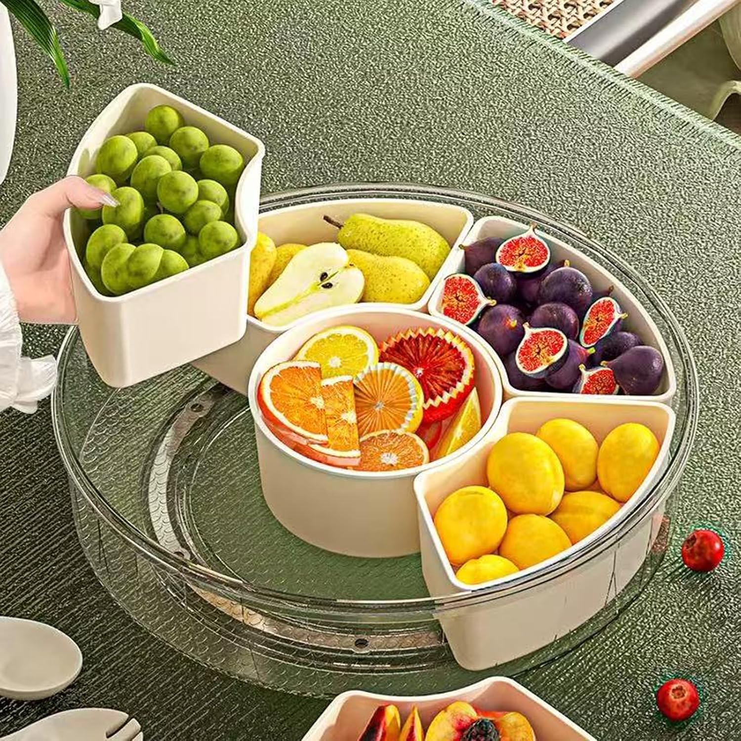 Divided Serving Tray with Lid and Handle 8-Piece Set Stackable Snack Box for Fruits Candy Organizer Portable Spinning Rounded Veggie Tray for Kitchen Party Travel Picnic Meal Prep Plate Snack Supplies
