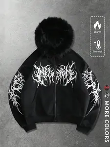 Unisex style, Matching, autumn and winter couple's trendy brand clothing, dark-themed Gothic-style pattern print, fleece-lined, Casual hooded jacket with fur collar, suitable for a street style look, gift for a boyfriend or husband