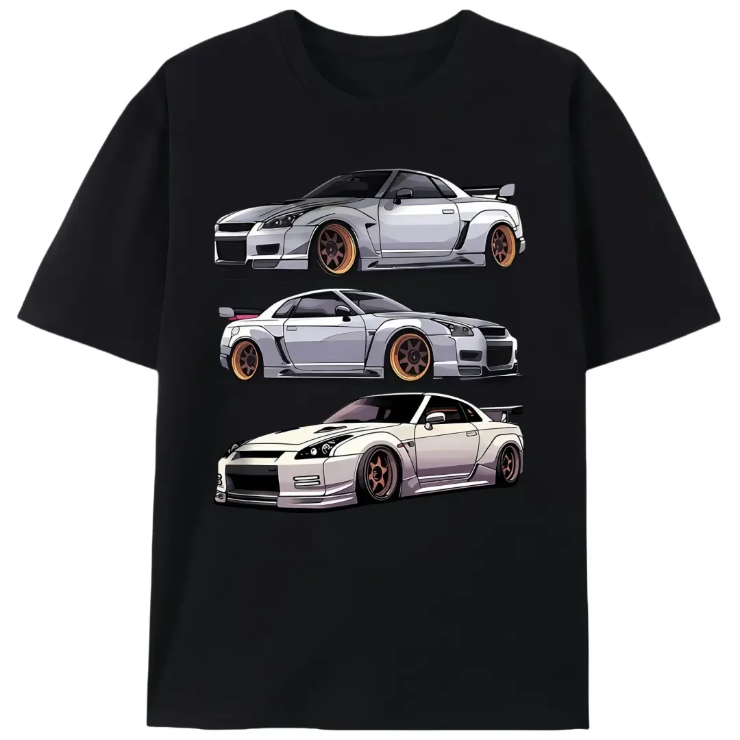 Men's JDM GTR Print T-Shirt - Streetwear Menswear Short-Sleeve Round Neck Heavyweight Cotton Fabric Top for Car Enthusiasts