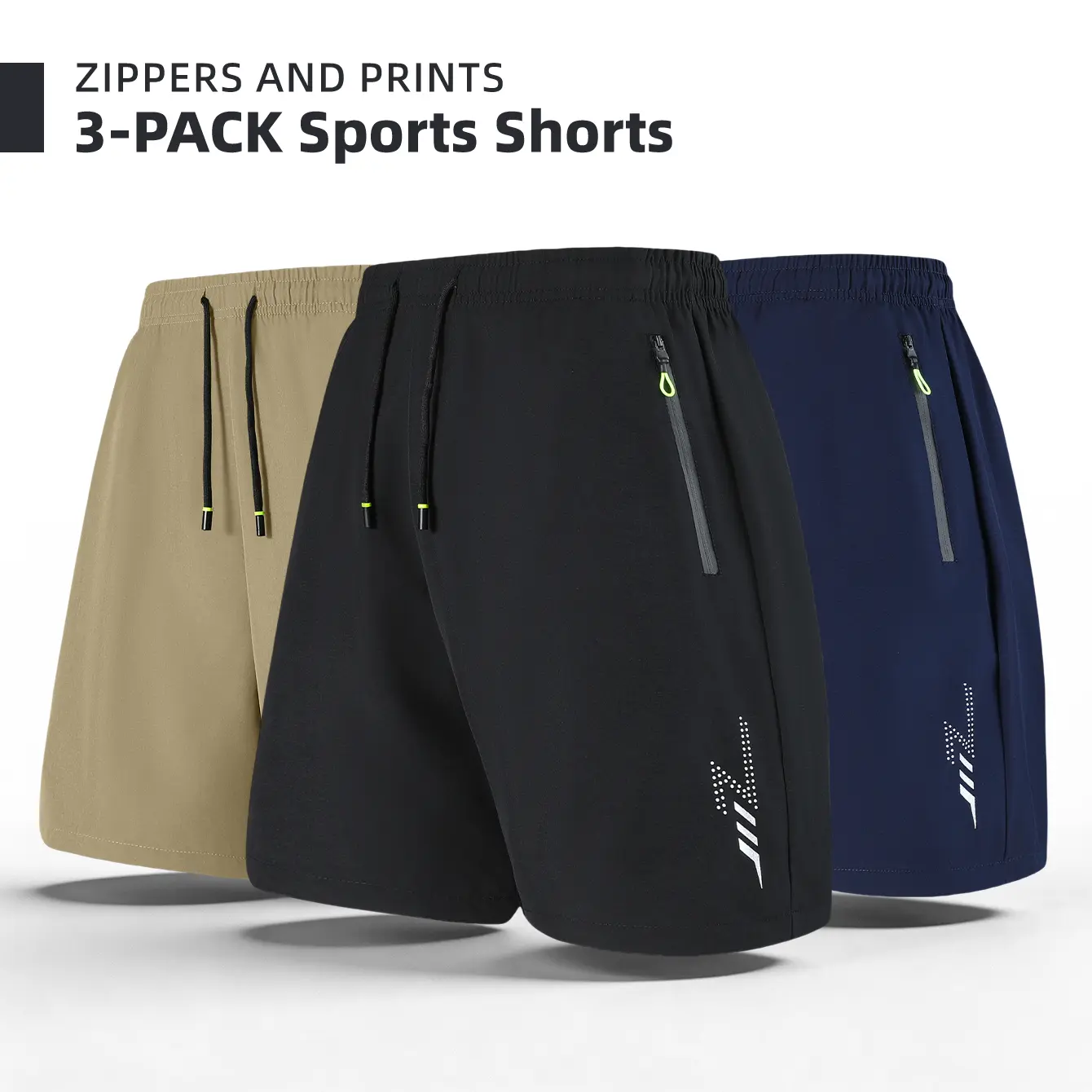 Men's 3-Pack Zipper Pocket Sports Shorts, with Reflective Prints, Drawstring Elasticated Waist, Zipper Side Pockets, Casual Shorts for Both Sports and Daily Wear Men's 3-Pack Zipper Pocket Sports Shorts, with Reflective Prints, Drawstring Elasticated Waist, Zipper Side Pockets, Casual Shorts for Both Sports and Daily Wear