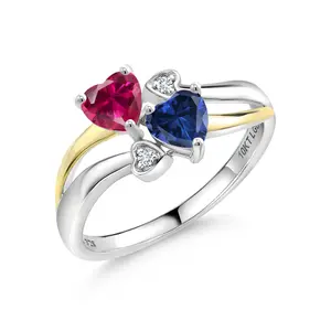 Gem Stone King 1.12 Cttw Red Created Ruby Blue Created Sapphire and White Lab Grown Diamond Ring For Women | 925 Silver and 10K Yellow Gold | Heart Shape 5MM | Available In Size 5, 6, 7, 8, 9