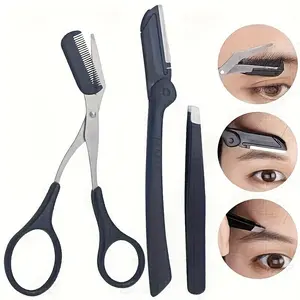 3 Eyebrow Trimming Tools Set, Stainless Steel Brow Clips & Comb Scissors Razor, Unisex Left Right Hand Use, No Scent