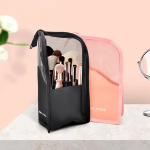 A standing travel makeup brush storage makeup bag, eyebrow pencil makeup brush, eyeshadow brush, visual waterproof, large-capacity makeup bag, portable travel, daily makeup brush holder, Vanity Bag Organizer (pink and black)