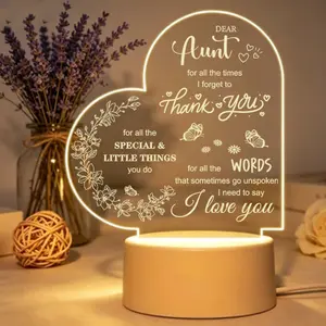 To My Aunt Heart-Shaped Acrylic Night Light, Thank You Aunt LED Lamp, Sentimental Keepsake Gift for Aunt Birthday/Christmas
