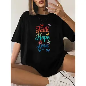 Womens Cotton Short Sleeve Graphic Tee Faith Hope Love Butterfly Print Cute Inspirational Quote T Shirt Casual Summer Everyday Top Soft Breathable Gift