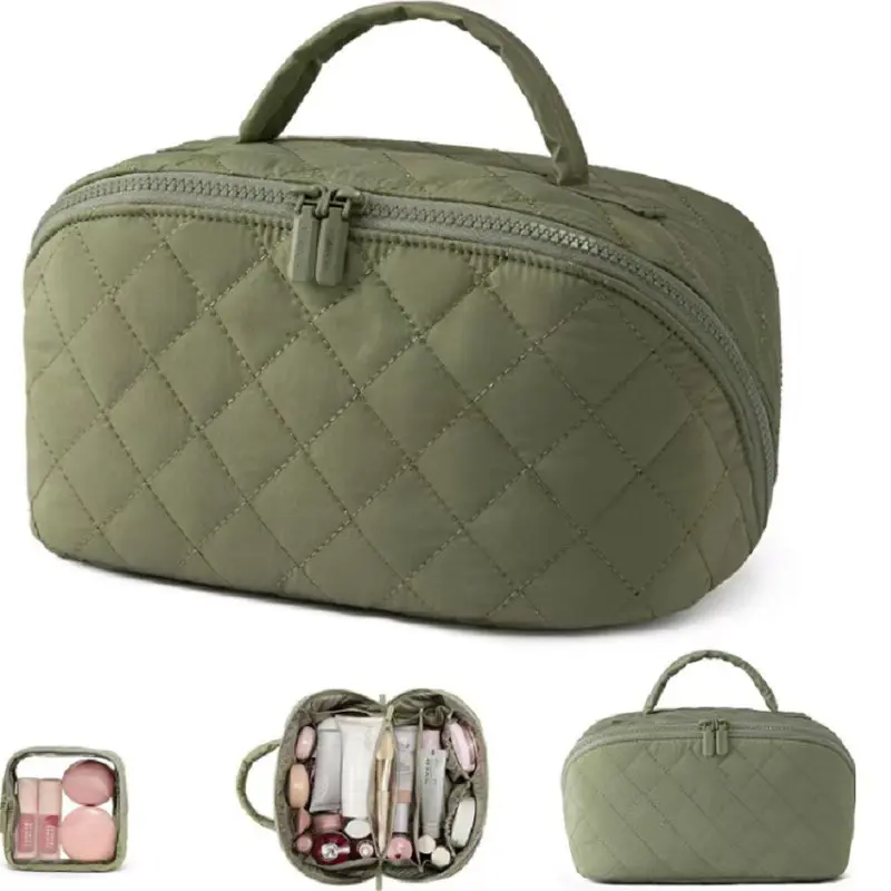 180° Lay-Flat Travel Makeup Bag - 5 Grids + Clear Pouch| Machine Washable (Green/Pink/Black)