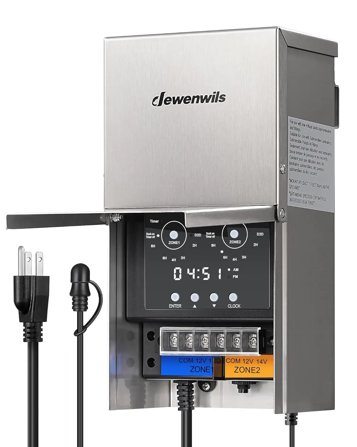 DEWENWILS 300W Low Voltage Outdoor Landscape Transformer, 120V to 12V/14V, Multi-Zone Weatherproof Unit with Photocell Sensor & Timer, ETL Listed for Deck, Pool, Pathway, Garage Lights, Stainless Steel Construction & Easy Installation