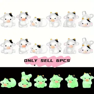 6 Piece Glowing Mini Cow Figurines Set, Cow Ornament, Resin Animal Letters Decorations, Indoor Outdoor Decoration for Fairy Garden Moss Holiday Themes