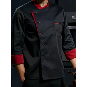 Premium Black Polyester Chef Uniform Jacket - 1pc Long Sleeve with Red Accents, Machine Washable - Ideal for Restaurant, Hotel, Bakery, and Culinary School