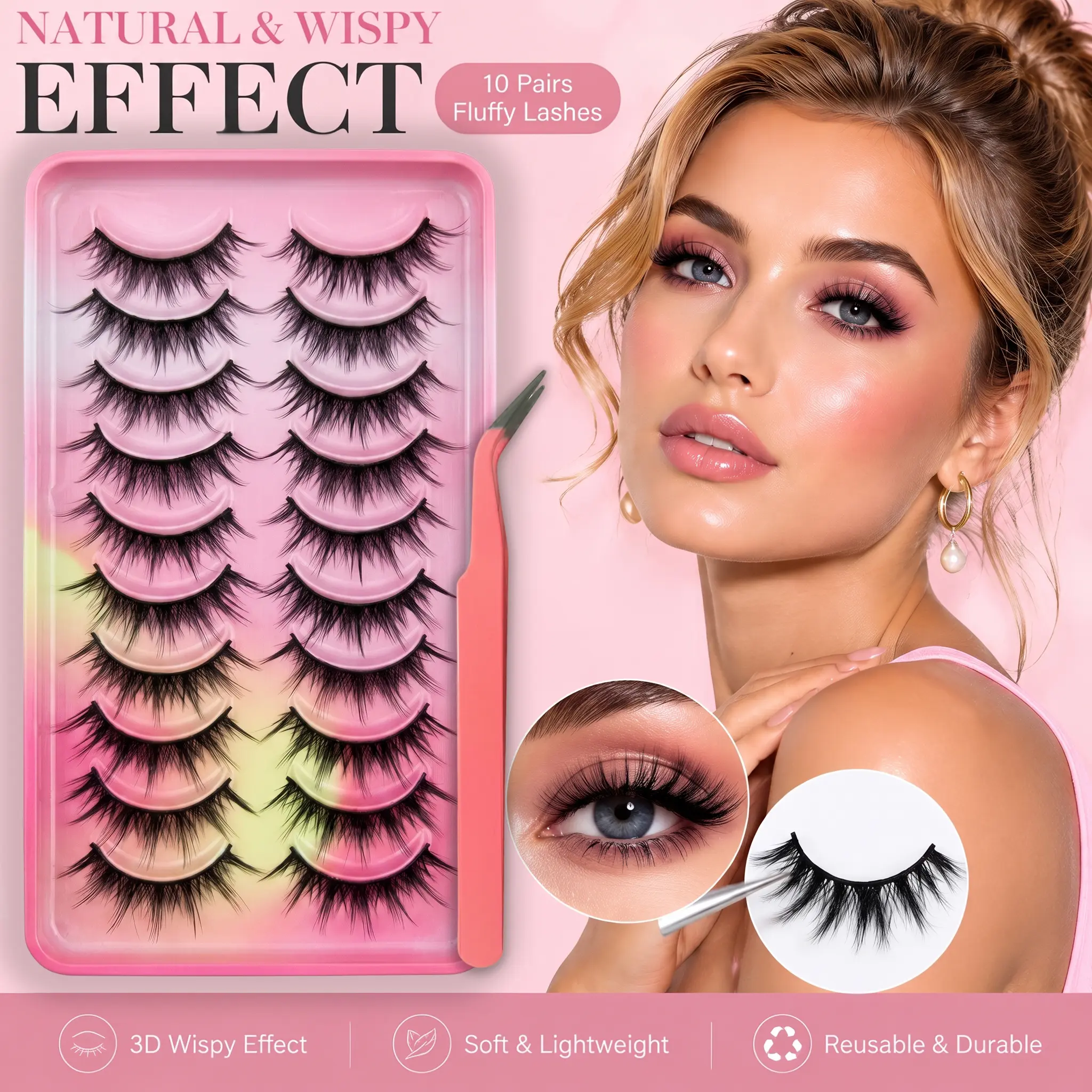 10 Pairs Wispy Cat Eye False Eyelashes Natural Fluffy 3D Strip Lashes Lightweight Reusable Fake Eye Lashes with Lash Tweezers for Daily Makeup Date Party Beginner Friendly
