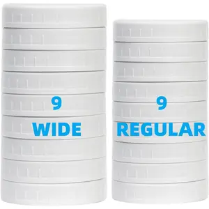 18 Pack White Plastic Mason Jar Lids with  Rings, 9 Wide Mouth & 9 Regular Mouth Mason Jar Lids,Plastic Canning Lids, Fit Ball,Kerr and More (White)