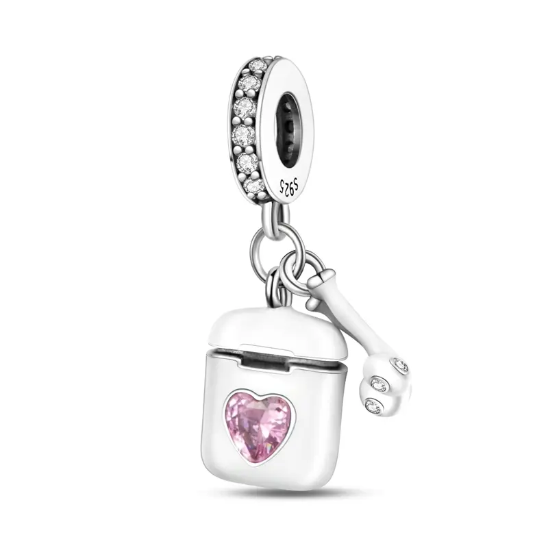 MULA 925 Sterling Silver Earbud Charm for Women, Heart-Shaped Pink Zircon & Handmade Enamel, Collectible Casual Accessory for Daily Wear, Collectibles, Charms & Pendants, Birthday