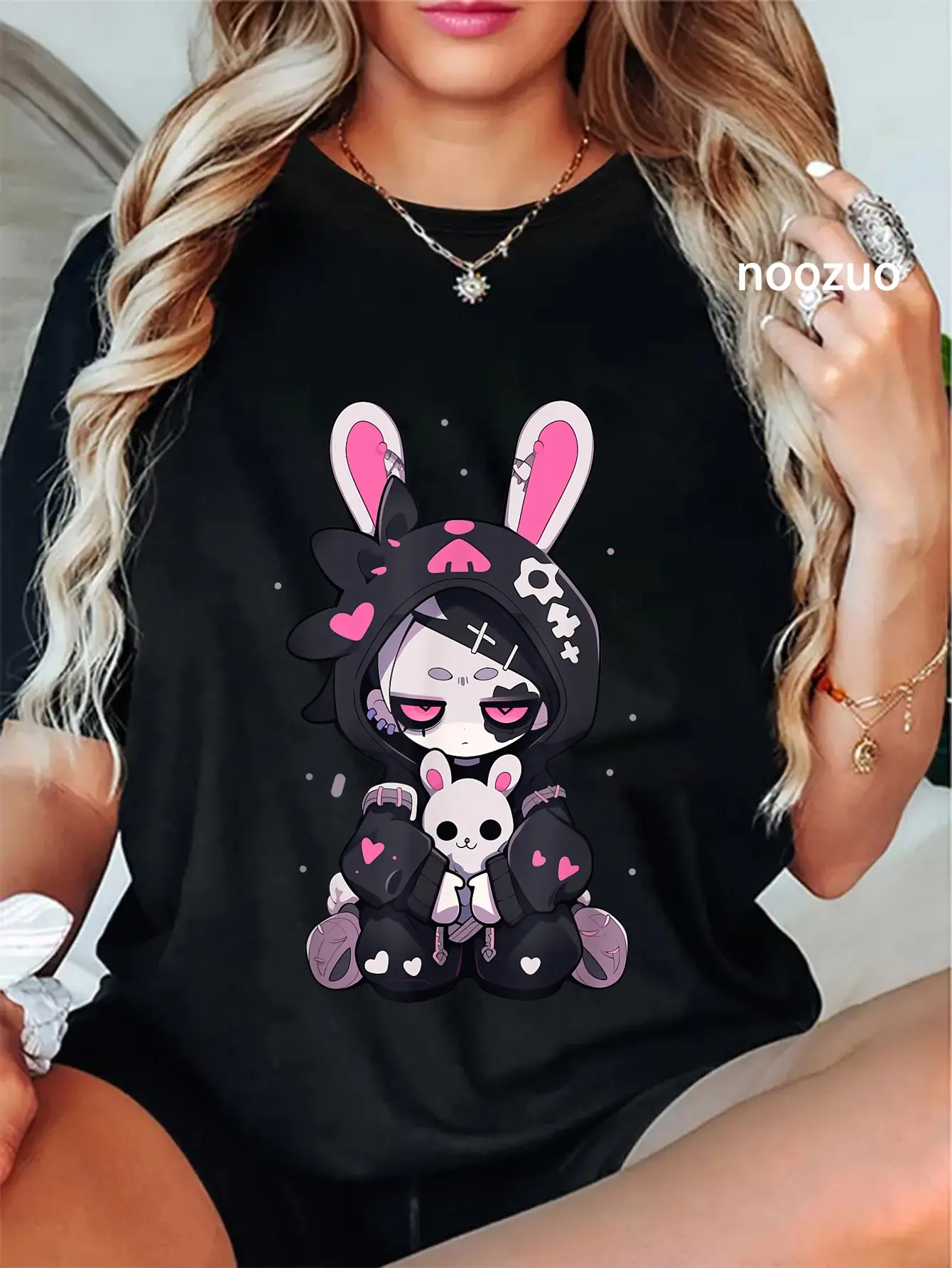 100% Cotton Unisex Goth Bunny Anime Girl Cute E-Girl Gothic Outfit Grunge T-Shirt Casual Top
