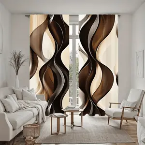 2Pcs Modern Abstract Swirl Pattern Curtains, Elegant Brown and Cream Wave Print Drapes, Rod Pocket Style Semi-Sunshade Window Panels for Living Room, Bedroom, Balcony, Kitchen, Study Shower Decoration, Home Decor Accessory, An