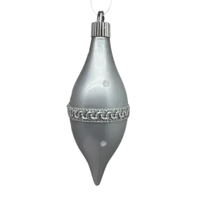 7" Shatterproof Smooth Finial Ornament – Candy Silver With Silver Braid and Dots