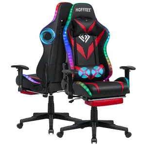 HOFFREE Gaming Chair with Bluetooth Speakers and Led Lights Massage Video Game Chair with Footrest Reclining High Back Computer Gamer Chair Red and Black