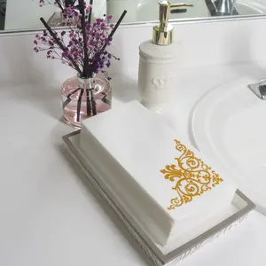 100 Bathroom Linen-Feel Guest Towels, Disposable Cloth Dinner Napkins, Ideal for Wedding Or Kitchen, And Ramadan Table White And Gold 12"x 17" Ceremony