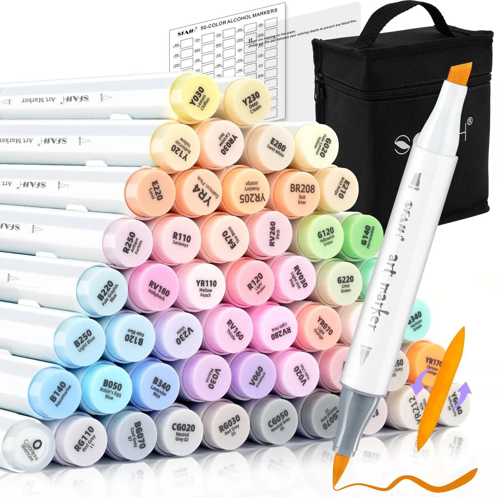 SFAIH Pastel Alcohol Markers - 51 Healing Dreamy Hues, 1-6mm Brush & Fine Tips, Double-Tipped Art Markers for Backgrounds, Colorless Blender, Artist Gifts (Office Stationery)
