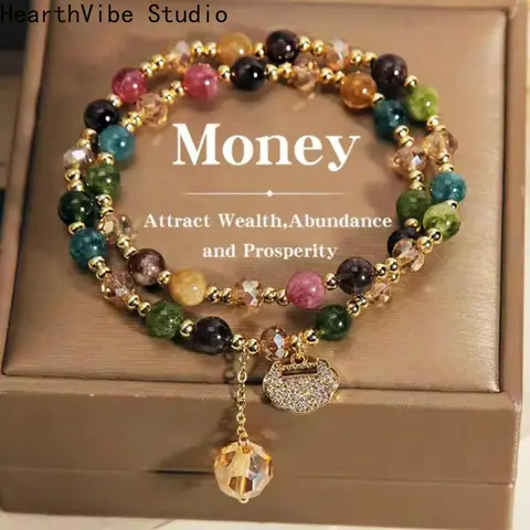 2026 Stackable Crystal Sports Wristband - Double Layer Natural Stone Rainbow Tourmaline Round Beads, Gold Spacer Shine, Unisex Vintage Boho Style Effortless Accessory with Longevity Lock Charm, Protection Luck Gifting Item