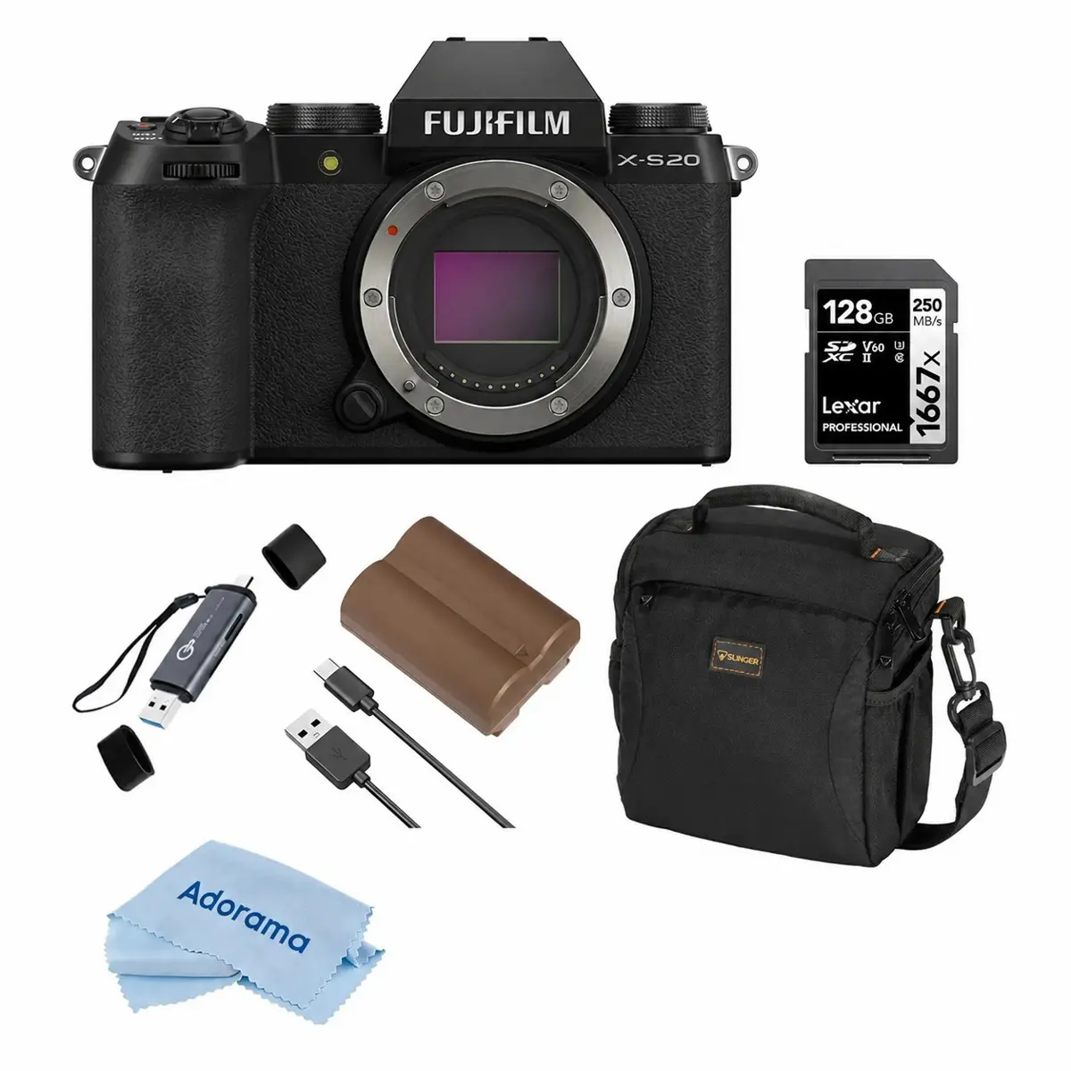 Fujifilm X-S20 Mirrorless Camera, Black, Bundle with 128GB Memory Card and Li-Ion Battery, OTG Card Reader and Shoulder Bag