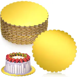 50 Pack Gold Cake Boards Round Disposable Cake Circle Base Board Valentine's Day Cupcake Cardboard Rounds Scallop Edge Grease Proof Coated Plate for Wedding Christmas Birthday