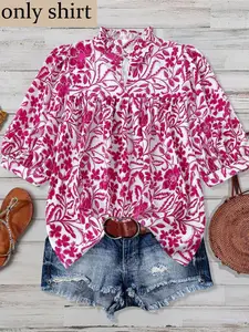 Plus Size Women's Floral Print Blouse, Loose Fit V Neck Batwing Sleeve Shirt, Casual Summer Outerwear, Beach Vacation, Daily Wear, Top