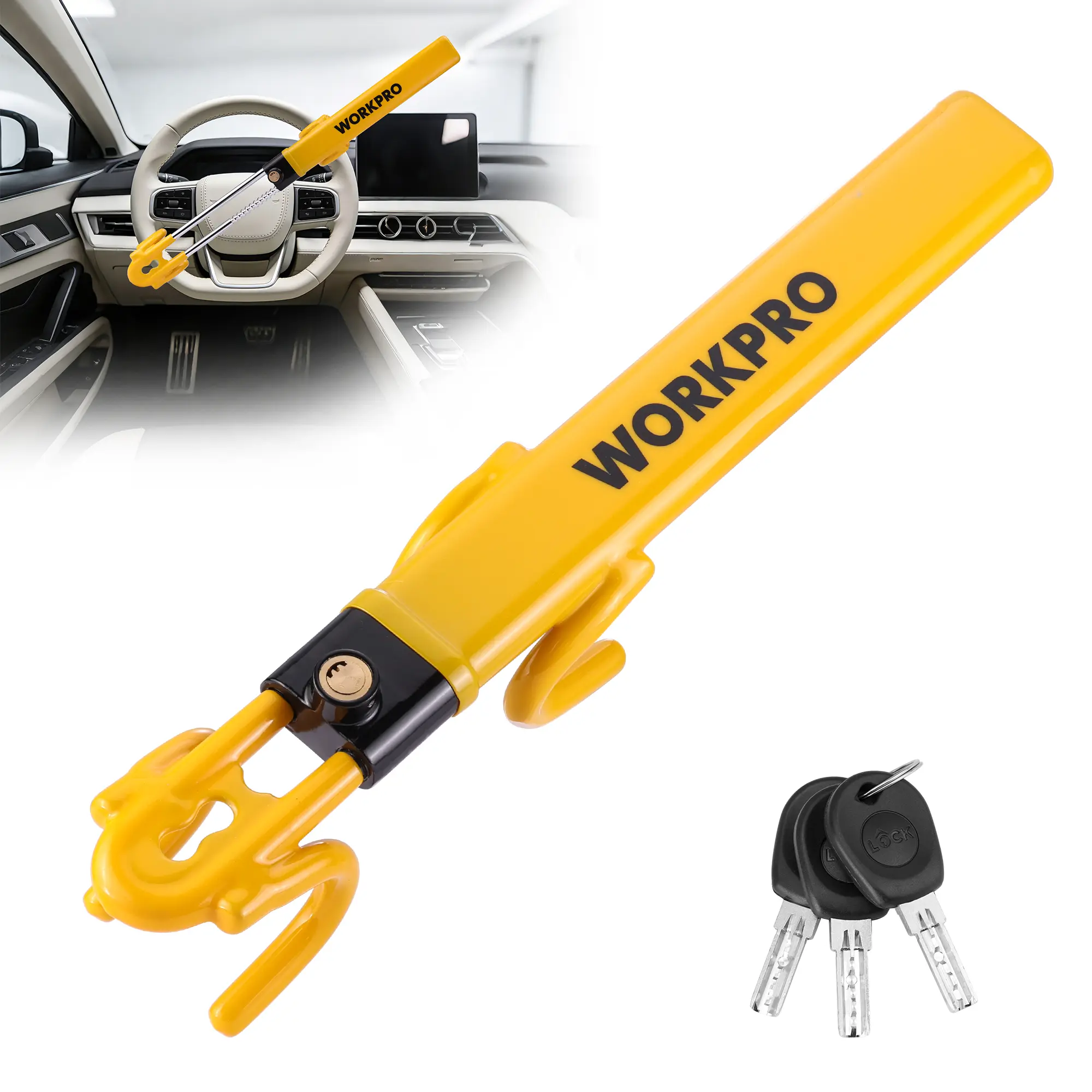 #blackfriday WORKPRO Steering Wheel Lock, Heavy Duty Anti-Theft Car Device with Double Hooks, Adjustable Universal Fit for Cars, Trucks and SUVs, Visible Security Lock with 3 Keys