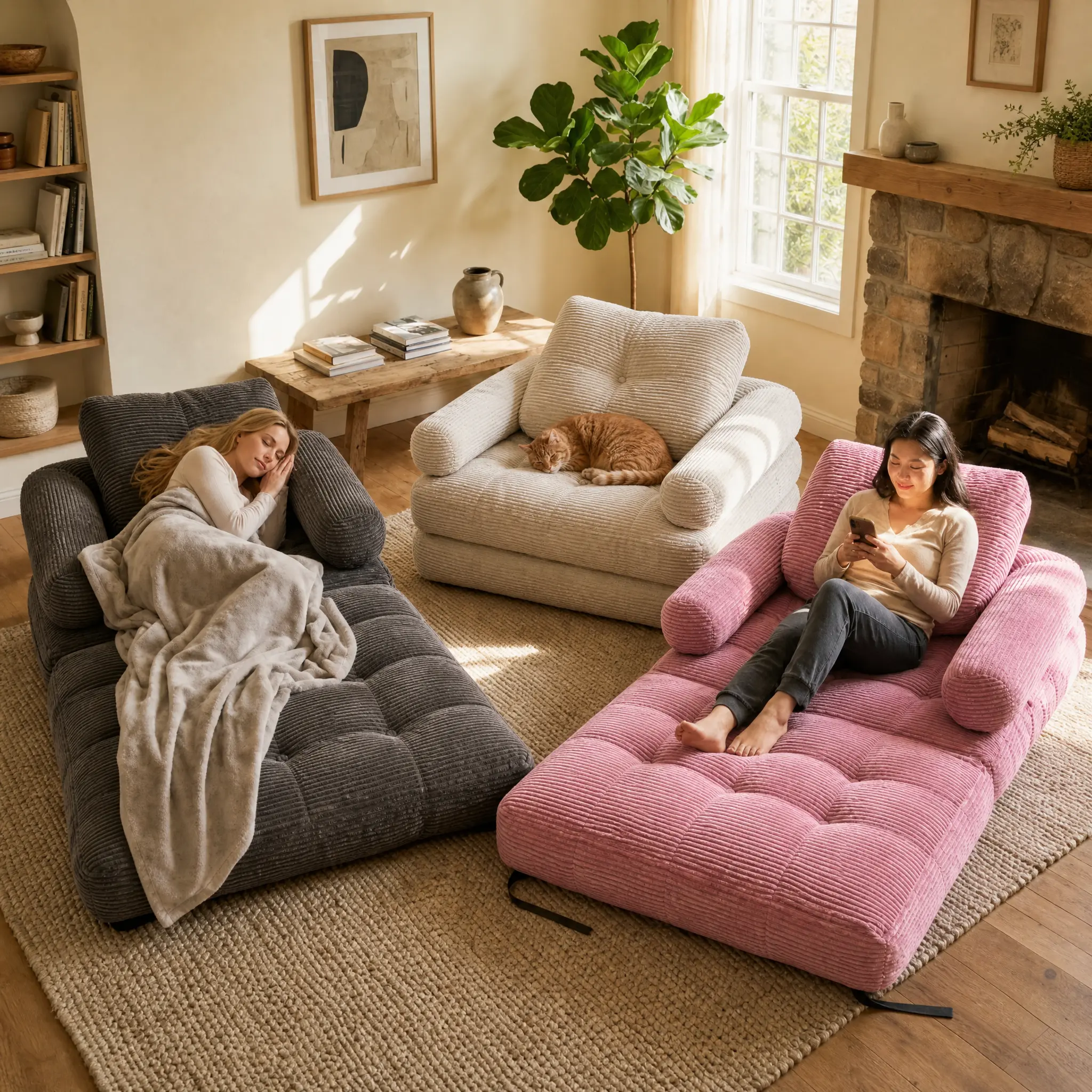 Classic 1-Person Foldable Corduroy Floor Sofa Bed - Ergonomic Convertible Single Chair Couch, Gray Comfy Indoor Furniture for Pet Owners, Small Spaces Seating Solution, One Person