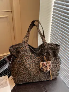 Leopard Print Plush Pendant Bag, Large Capacity Fashion Tote Bag for Work & Daily Use, Single Shoulder Crossbody Design