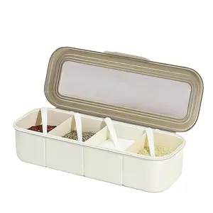 4 Compartment Seasoning Box with Spoons Set, Clear Seasoning Jars for Salt, Sugar, Spices & Herbs, Kitchen Countertop Organizer Bottles