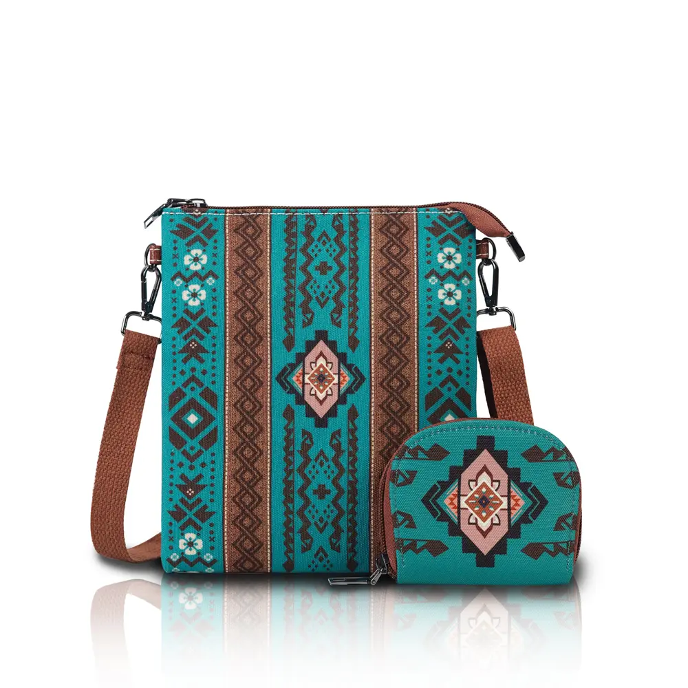 Boho Western Purse Set for Women 2Pcs Vintage Crossbody & Shoulder Bags with Retro Prints Lightweight for Travel Zip Closure, Casual Trendy Bag, Fashionable Unique Bags
