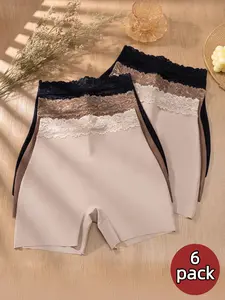 High-Waisted Lace Trim Shapewear Pants, Stretchy Butt Lifting Women's Underwear, Seamless Ice Silk Comfortable Bottoms, 6 Pcs Set for All Seasons Womenswear