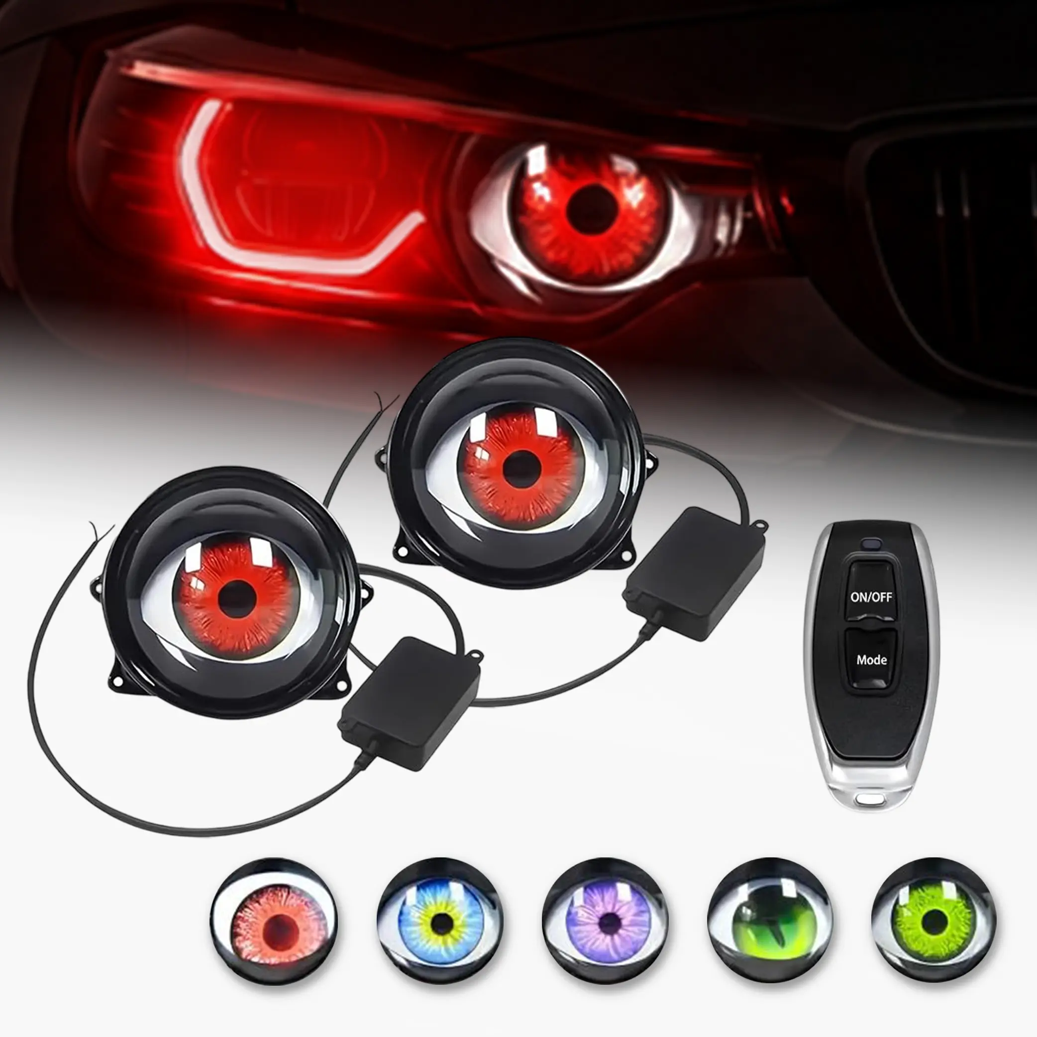 DIBMS Adjustable LED Devil's Eye Car Headlights - Mini Lens Eyeball Lights with Remote Control, Dynamic Function, Dodge Challenger Trim Compatibility, Adjustable Light（2Pcs）