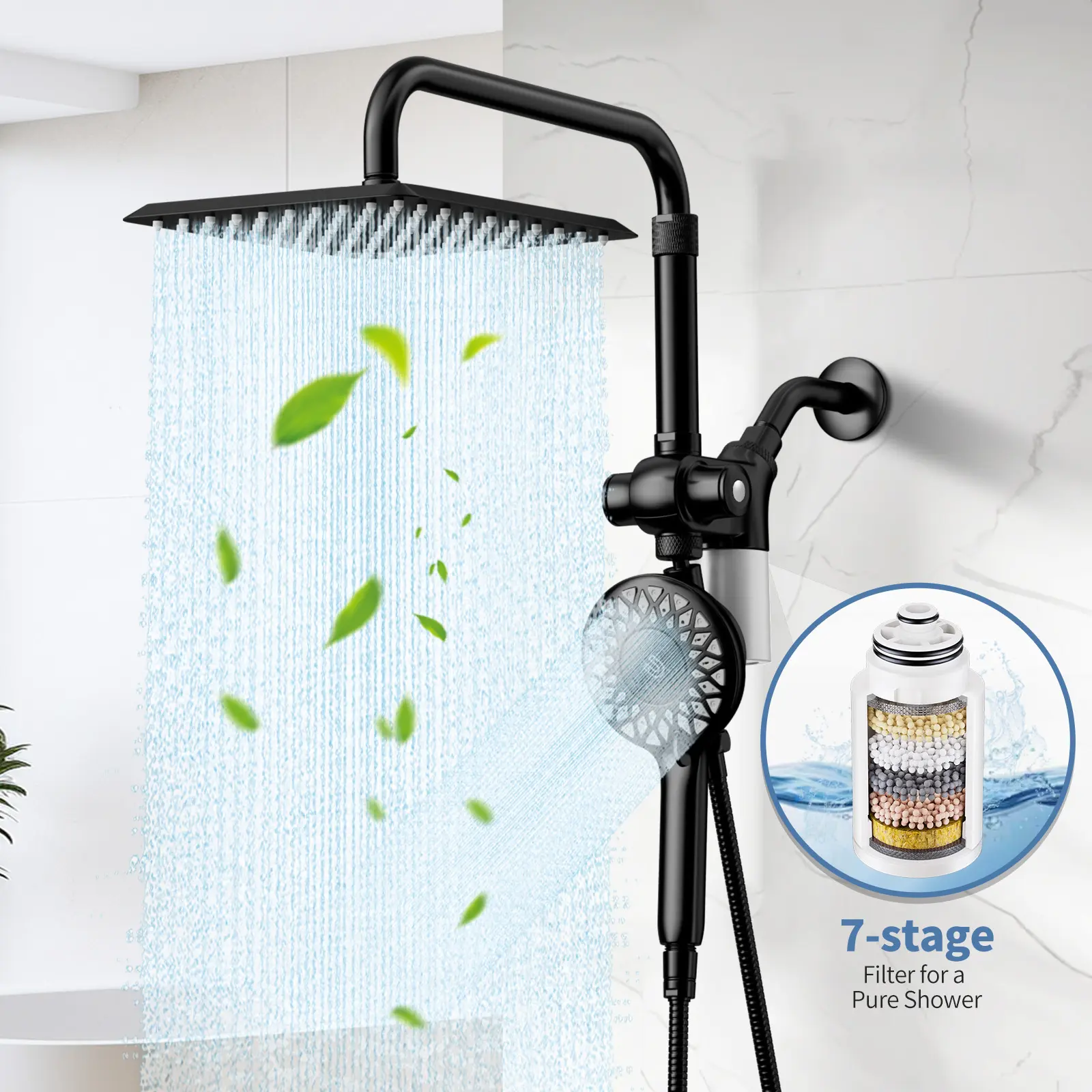 Dual Shower Heads Combo - High Pressure Anticlog Magnetic Filter Handheld & Square Rainfall Shower Head Set, Hardwater Safe with 79" Hose