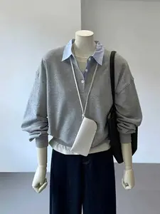 Women's Korean Style Casual Chic Solid Color Fitted Sweatshirt, Outerwear Layering Shirt Collar Pullover, Simple Fashion Long Sleeve Top