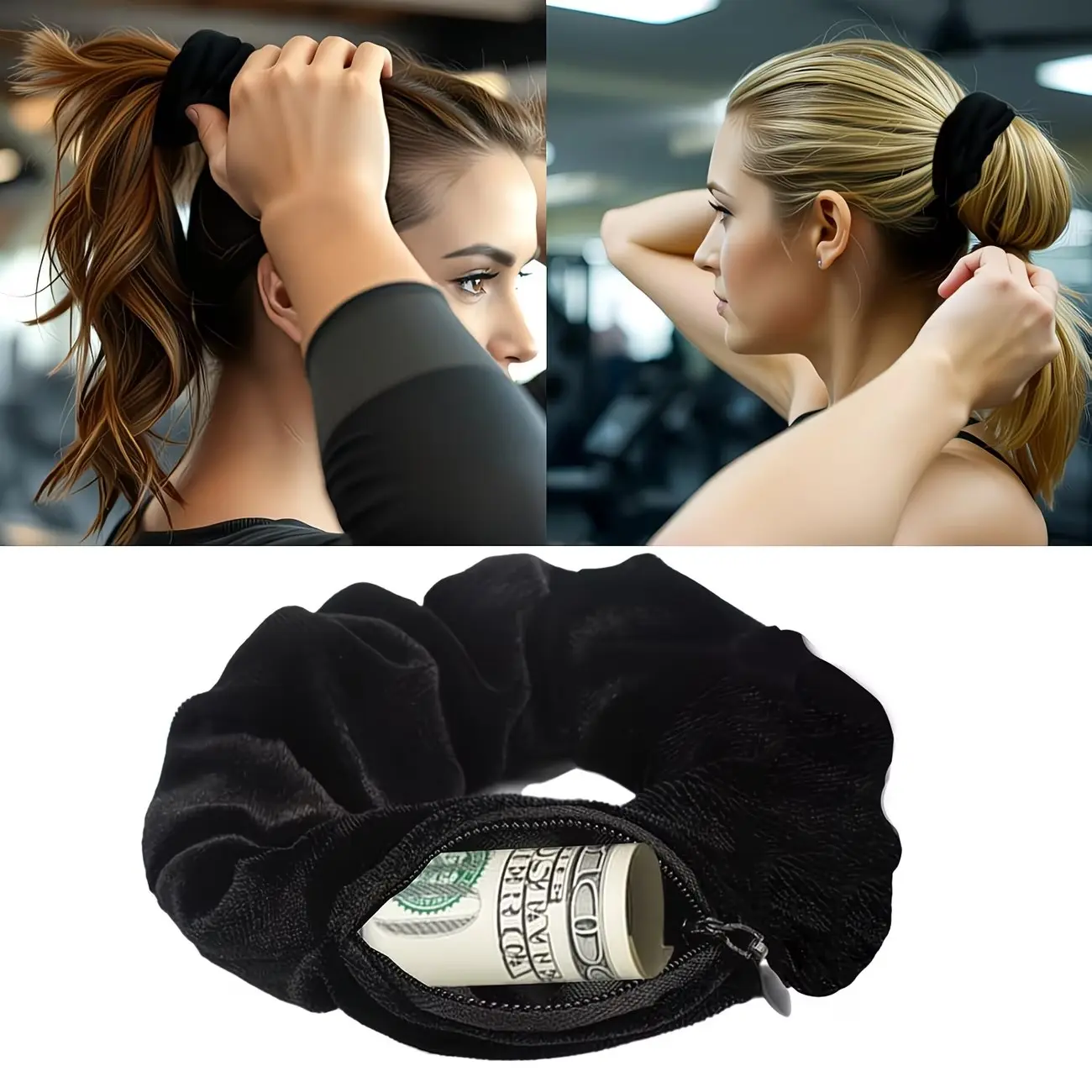 Sports Scrunchie with Zipper Pocket for Women - Hair Tie with Hidden Storage Compartment for Cash, Lipstick, Keys & Valuables, Hidden Compartment Items for Travel, Elastics Hair Band, Fashionable Hair Accessories, Hair Scrunchies