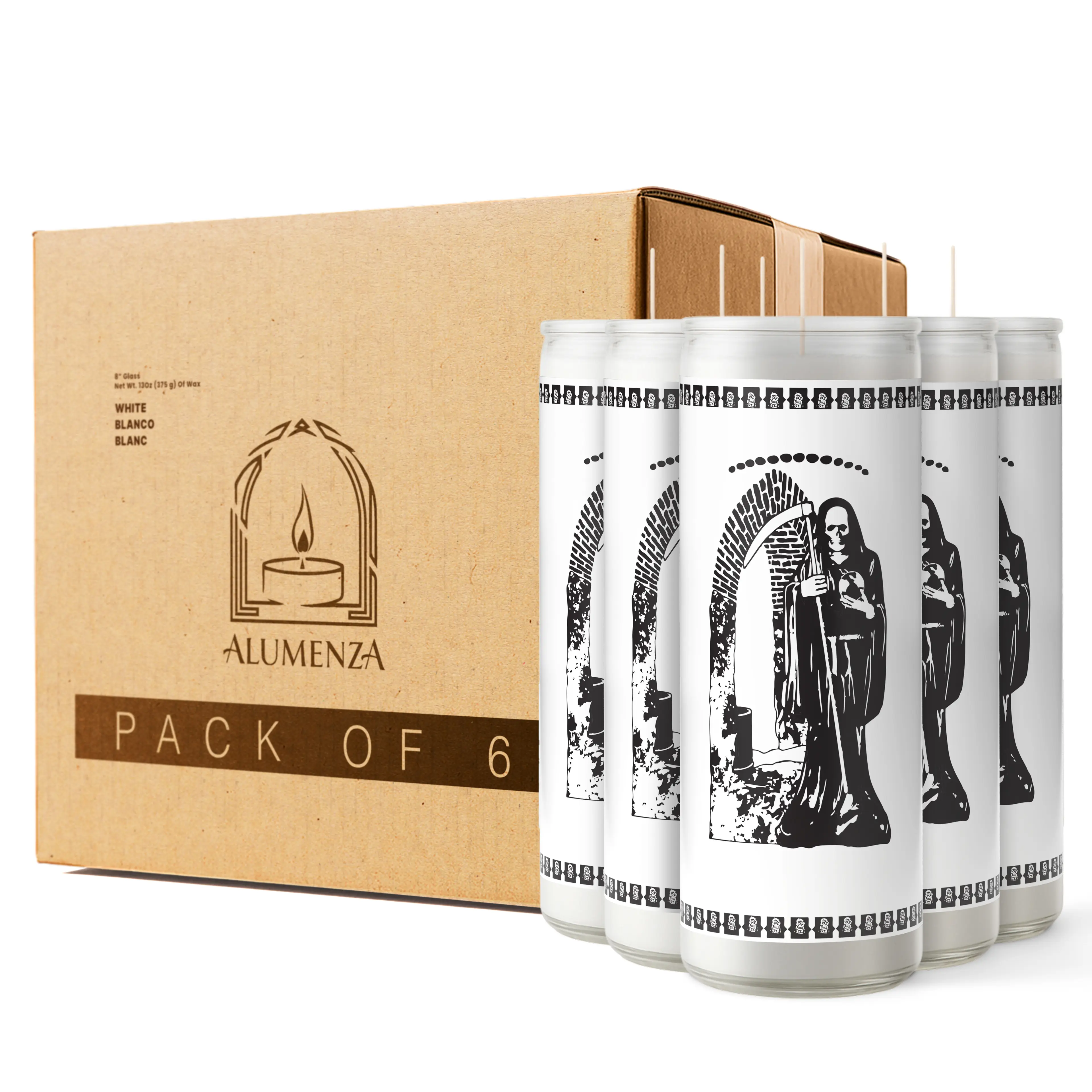 Santa Muerte Candle 6 Pack in Glass Jar 90 Hours – Paraffin Wax, Clean Burning Unscented | Large & Tall Devotional Prayer Pillar Candles for Home, Memorial, Rituals