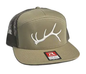 Elk Antler 7 Panel Pale Khaki Trucker Hat with White Antler Logo and Flat Bill Snapback Design GLOW IN THE DARK