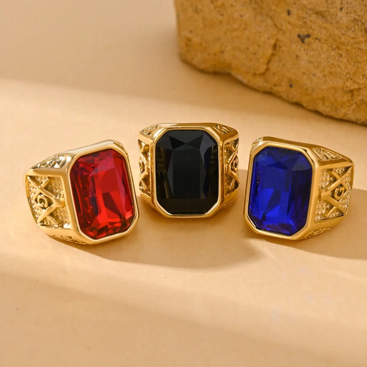 Men's Punk Freemason Stainless Steel Ring - Retro Zircon, Iced Out Alternative Style, Casual Style, Contemporary Statement Stainless Steel Jewelry for Party, Gift, Alternative Style Rings
