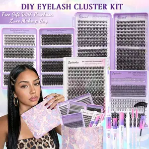 10D-100D Wispy Lash Clusters Kit with Makeup Bag, DIY Cluster Lashes with Bottom Gift Set, 9-16mm, Velure Lashes, Long Lasting Waterproof, Volume Lashes Clusters Lash Kit with Bond&Seal, Remover, Tweezers, Brushes, Individual Lash Clusters Kit