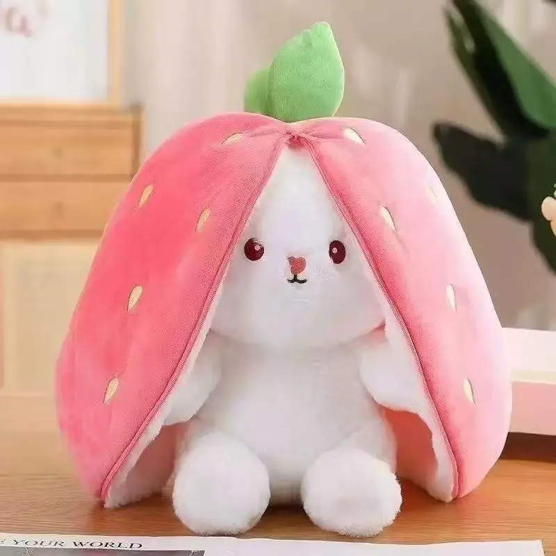 Cute Soft Plush Rabbit Doll Bunny, Cuddly Soft Adorable Stuffed Huggable Animal with Carrot and Strawberry Design, Durable Polyester, Ideal Gift for Girls, Christmas and Valentine's Day